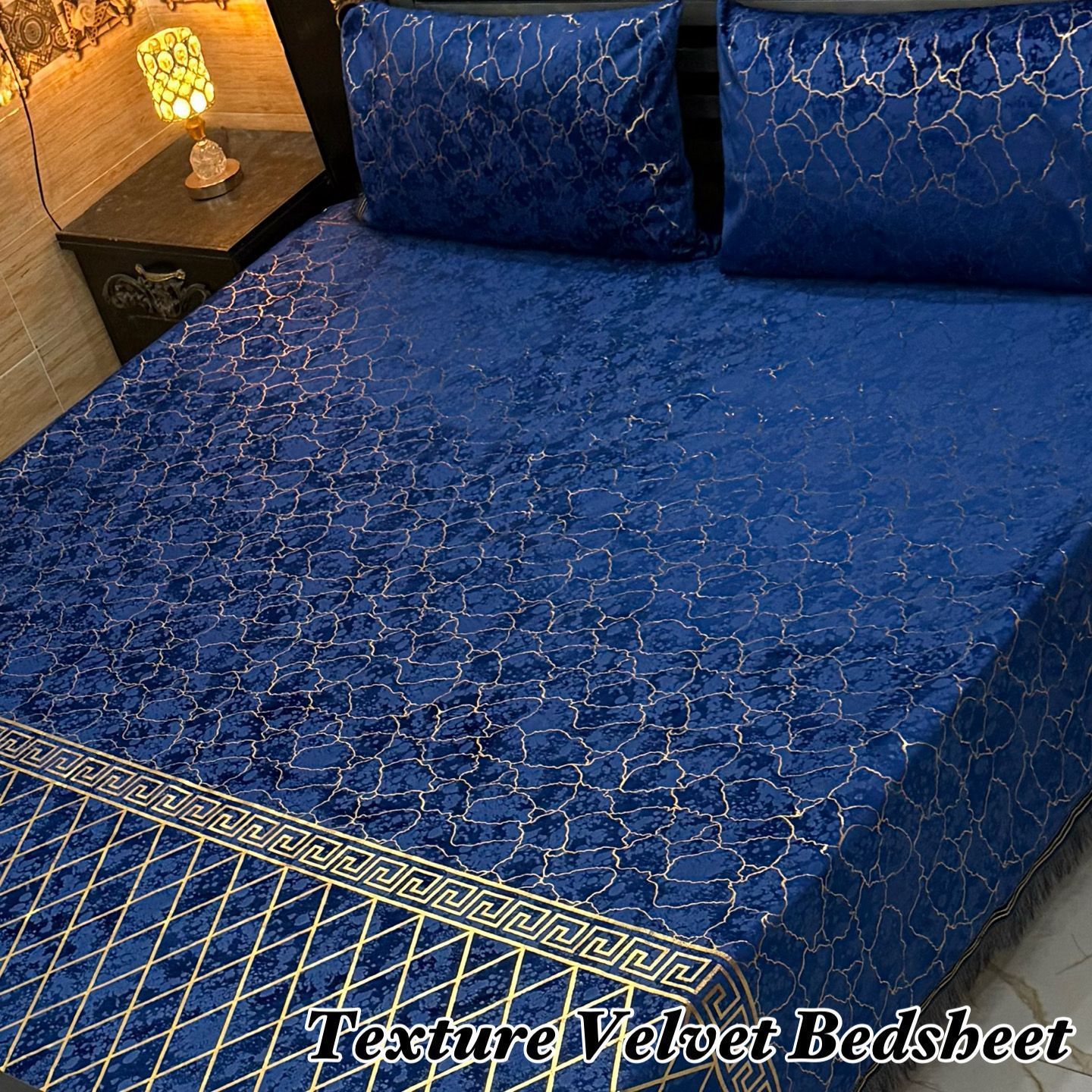 3PC Texture Velvet Bedsheet- royal blue