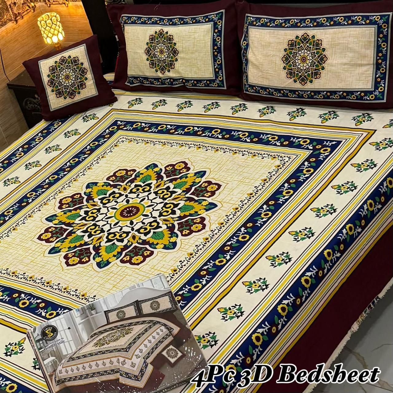 4PC 3D Panel Bedsheet Crystal Cotton