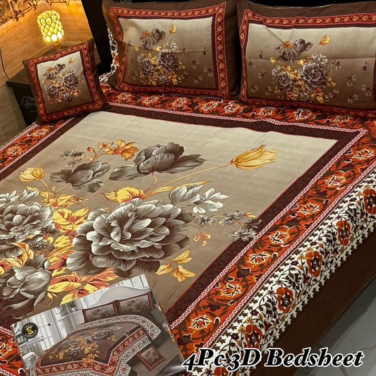4PC 3D Panel Bedsheet Crystal Cotton