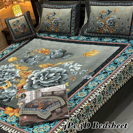 4PC 3D Panel Bedsheet Crystal Cotton
