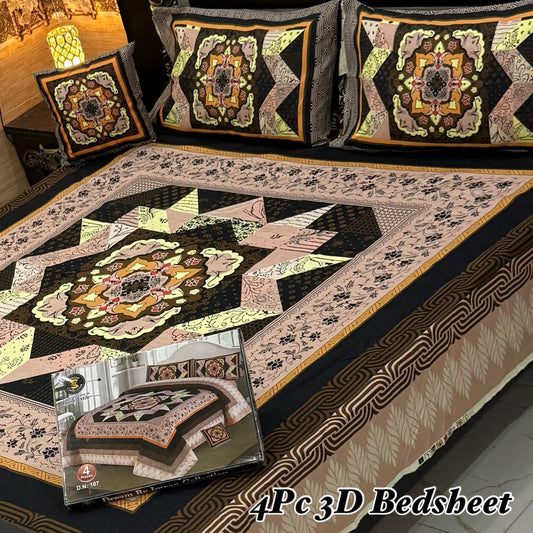 4PC 3D Panel Bedsheet Crystal Cotton