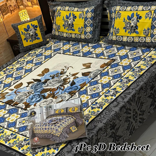 4PC 3D Panel Bedsheet Crystal Cotton