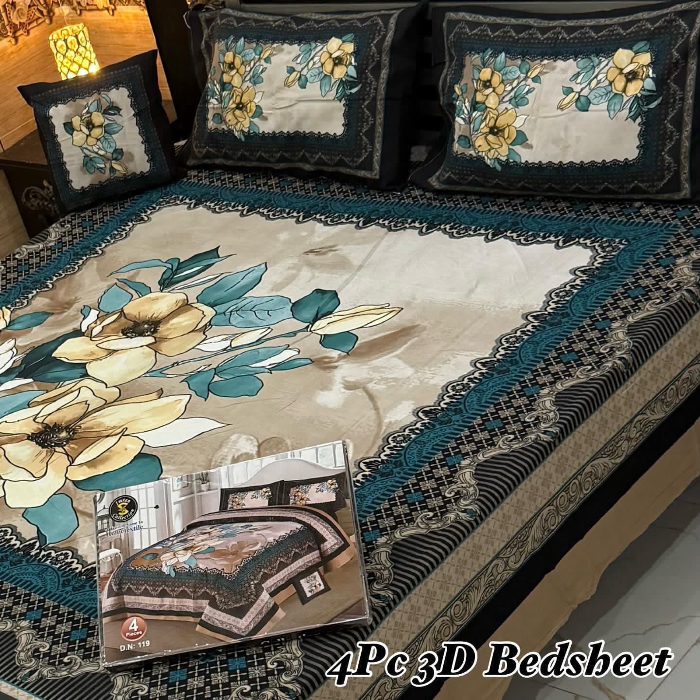 4PC 3D Panel Bedsheet Crystal Cotton