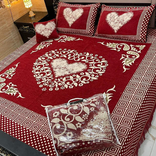 4PC Velvet Jacquard Bedsheet – King Size -red