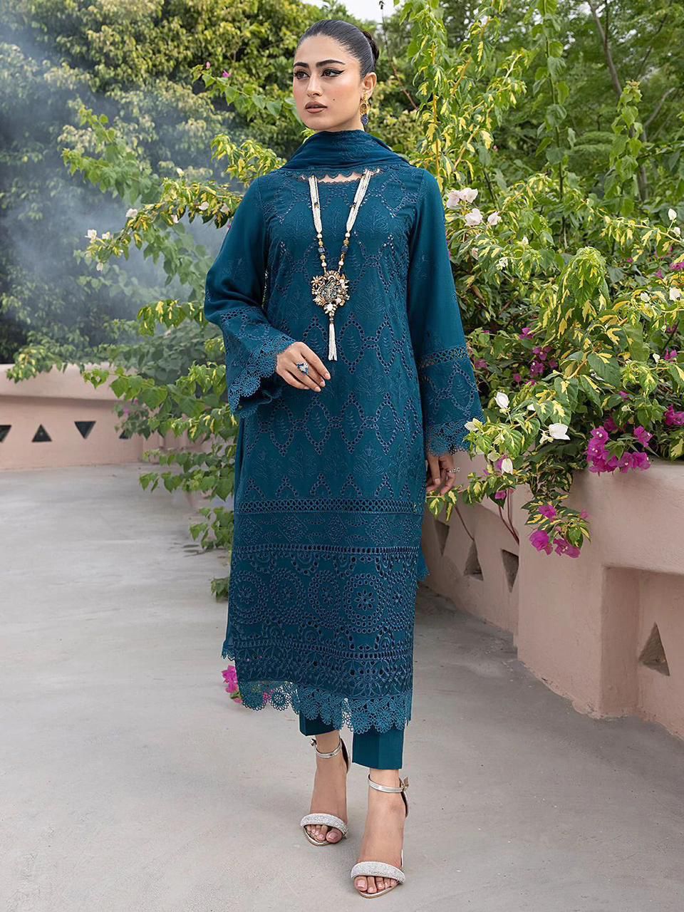 Mahnoor Zink Blue & Pink Lawn Chikankari Dress 3pc Unstitched